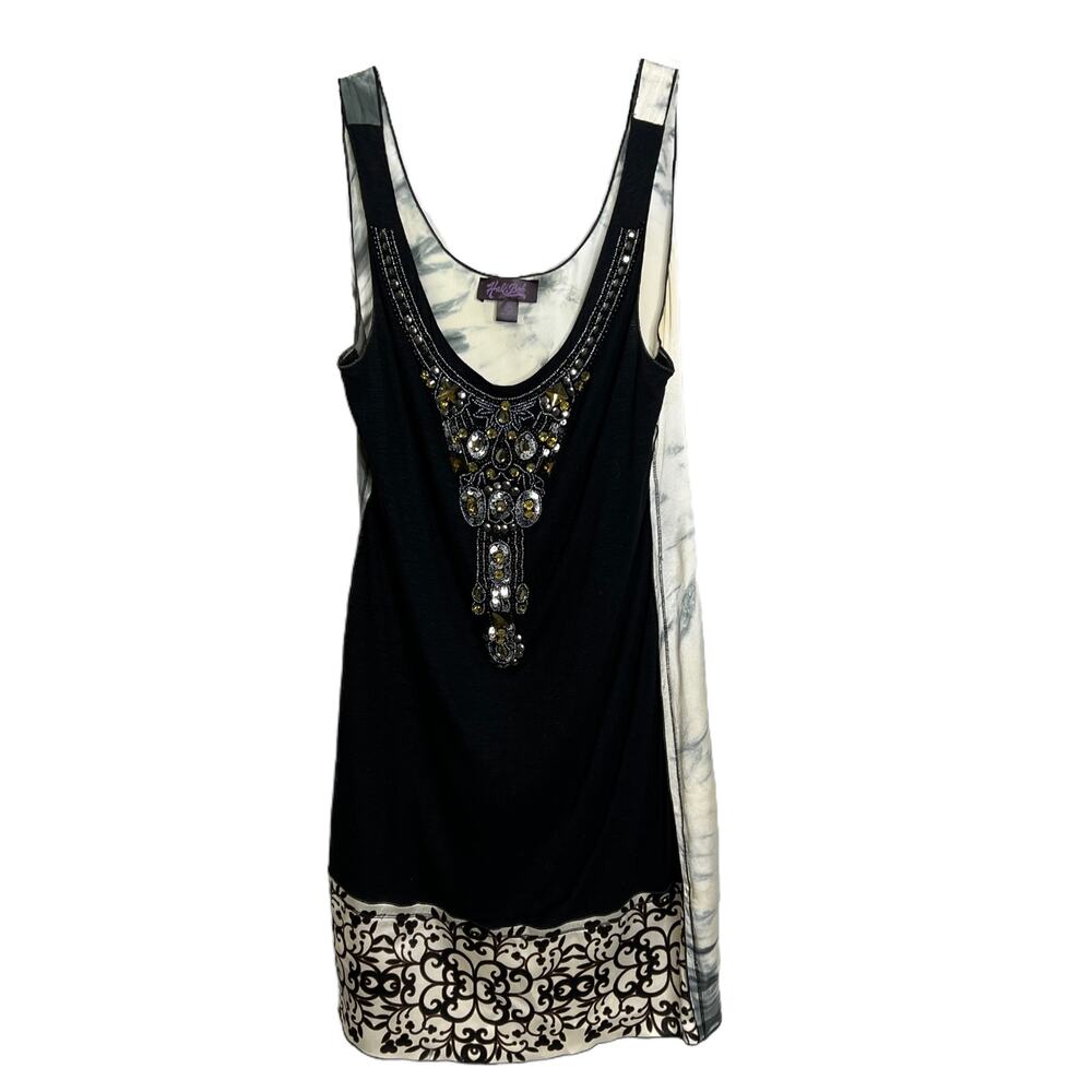 Hale Bob Women's Sz XS Tank Dress Black Silk Scoop Neck Beaded Rhinestone Front